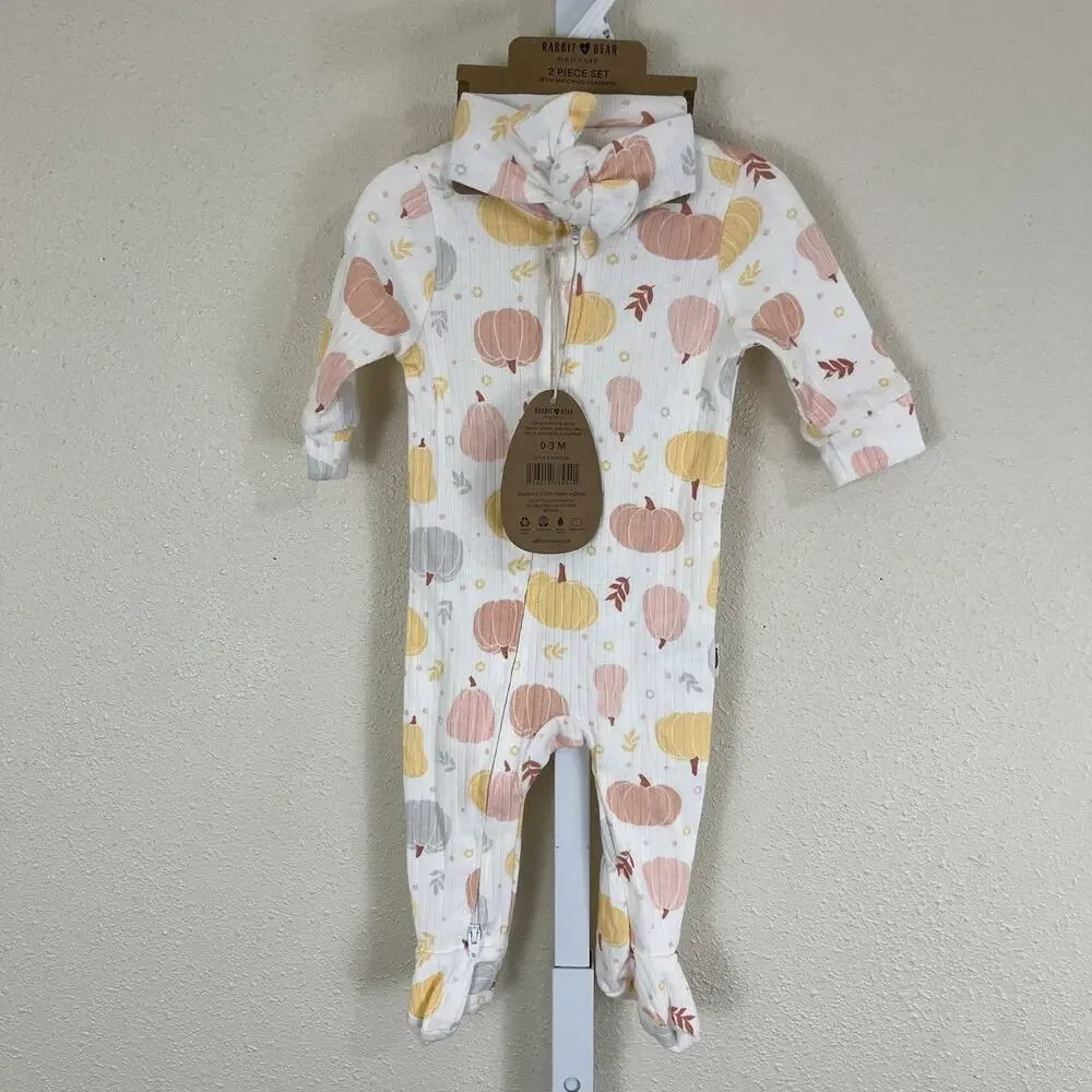 NWT Rabbit + Bear Organic Baby Girl 0-3 Months Pajamas Headband Two Piece Set
